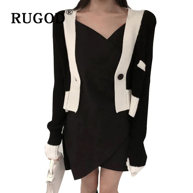 RUGOD 2019 Новый женский короткий вязаный кардиган с v-образным вырезом контрастных