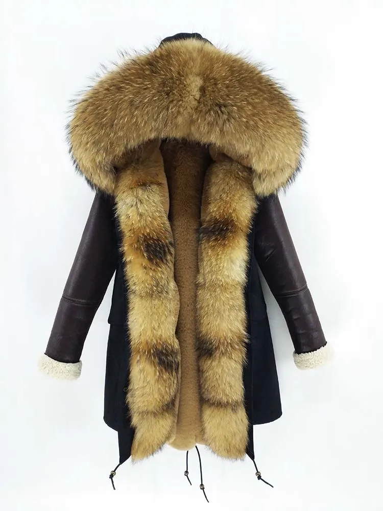 Пальто из натурального меха длинная парка зимняя куртка женская из натуральной овчины кожаная заклепки рукава искусственная подкладка из кролика верхняя одежда уличная