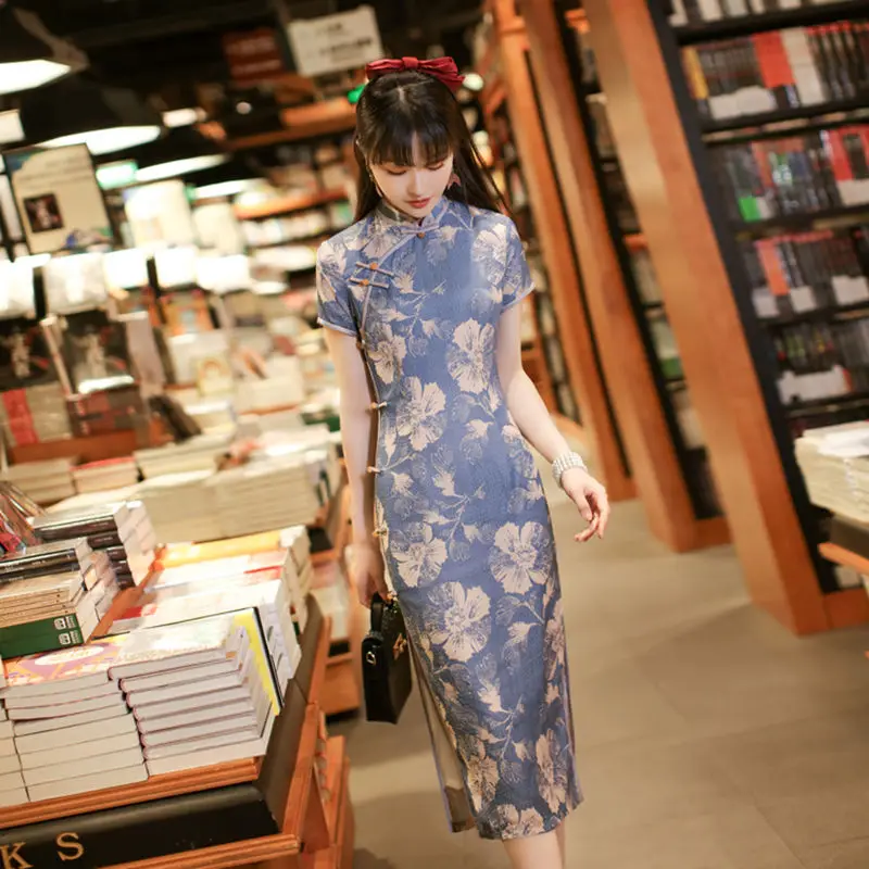 Women Chinese Style Dress Cheongsam Retro Elegant Blue Qipao Cheongsam Plus Size 3XL Vestido China Summer Clothing Qipao