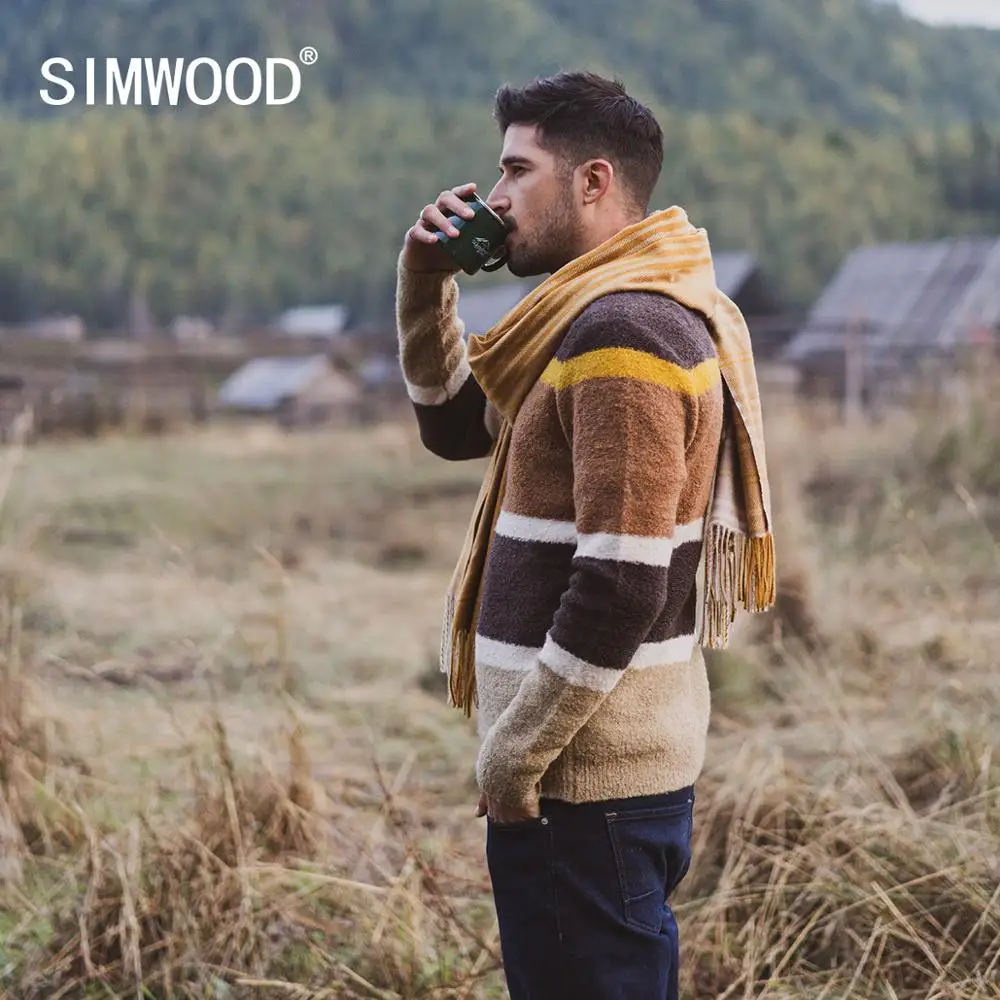 

SIMWOOD 2019 Autumn Winter New Sweater Mix Wool Jacquard Contrast Color Striped Knitted Pullovers Plus Size 190411