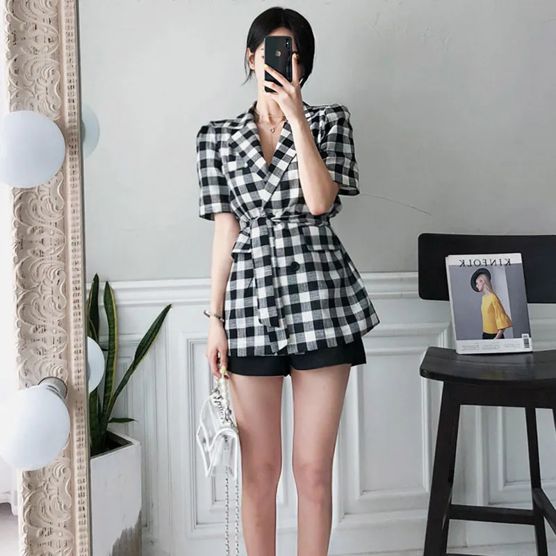 

2019 Summer Wear New Style Korean-style Elegant Double Breasted Lace-up Waist Hugging Suit Collar Fashion Plaid Coat Women's