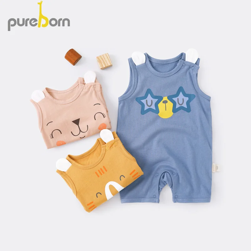 Pureborn/Летняя одежда унисекс для новорожденных хлопковый комбинезон маленьких