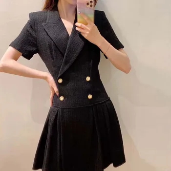 

Black Women's Mini Dress Tweed Notched Short Sleeve Double Breasted Pleated Slim 2020 Autumn Lady Dress