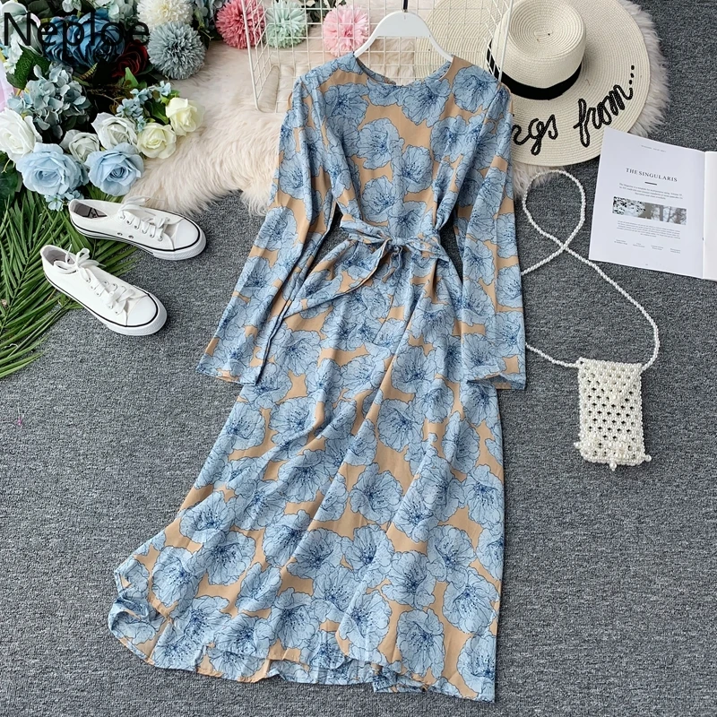 

Neople Korean Elegant Beach Holiday Floral Temperament Dress Slim Waist Vintage Ruffles Vestido Autumn A Line Maxi Robe 46007