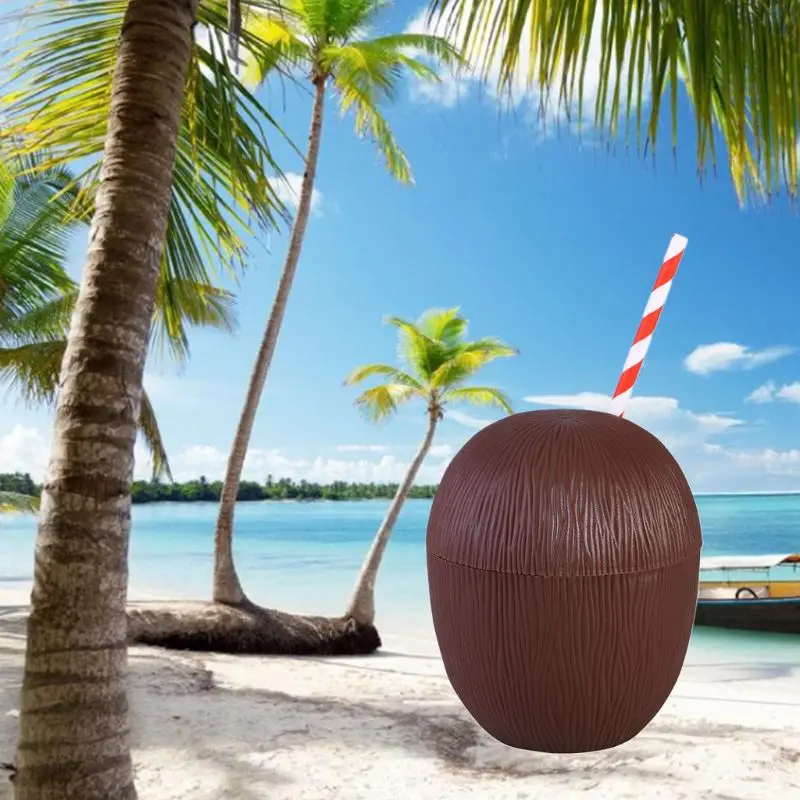 12 Pack Coconut Cups for Hawaiian Luau Kids Party with Hibiscus Straws