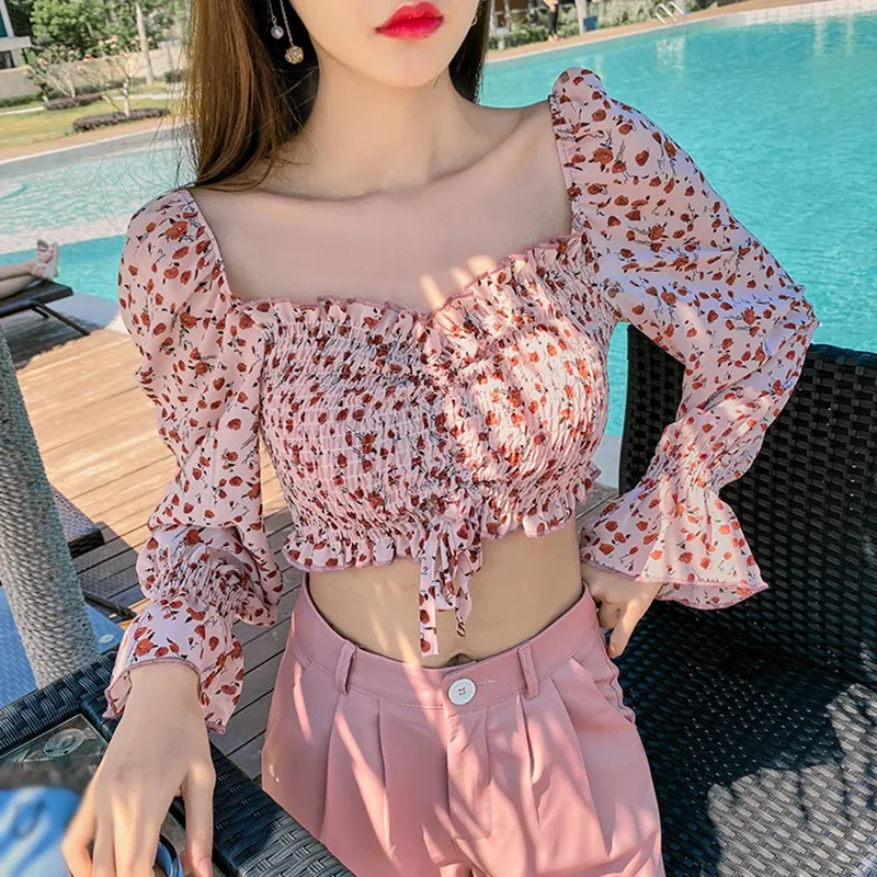 Fashion Women Square Collar Tops Clothes Sexy Sweet Pleated Small Floral Print Short Chiffon Shirt Blouses ladies shirts