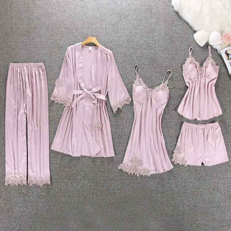 Атласная женская пижама с подушками на груди, сексуальная женская пижама, кружевная Шелковая пижама для сна, 5 штук в комплекте, Женская домашняя одежда, пижамы
