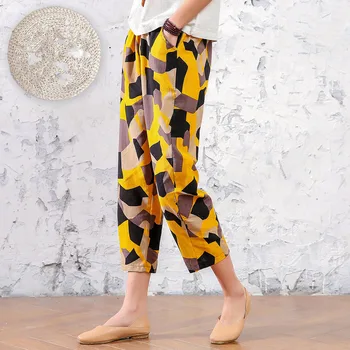 

Women Cotton and Linen Casual Pants Large Size Loose Thin Print Wide Leg Pants Women Pants