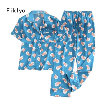 

Fiklyc underwear watermelon print turn-down collar short sleeve summer satin pajamas sets lovely girls nighty sleepwear sets
