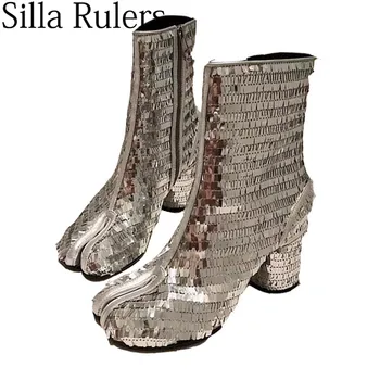 

2019 Runway Silver Sequins Split Toe Women's Ankle Boots Chunky High Heel Women Boots Mujer Short Motorcycle Boots Zapatos