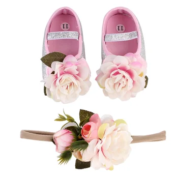 

2pcs Toddler Baby Flower Prewalker Shoes Infant Girl First Walking Shoes with Cute Flower Footband 11CM (Silver)