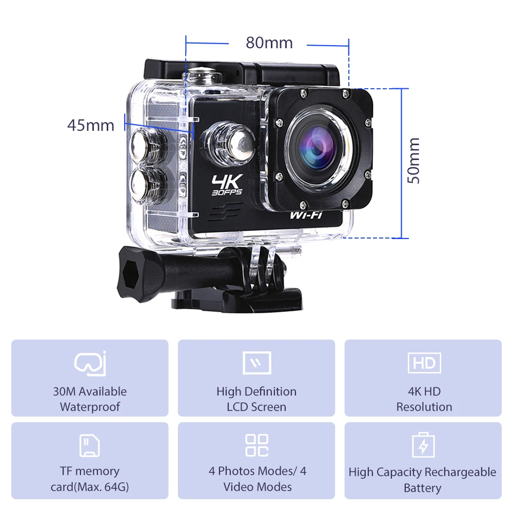 Открытый 2," ЖК-экран 4K камера высокой четкости водонепроницаемый с функцией Wi-Fi Скаутинг видео камера поддерживает 64G(макс.) TF карта