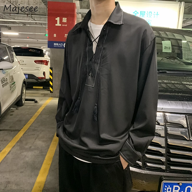 Men Shirts Long Sleeve Turn-down Collar Lace-up Spring Black Trendy Loose All-match Casual Streetwear Mens Boys Ulzzang Chic New Men Shirts Long Sleeve Turn-down Collar Lace-up Spring Black Trendy Loose All-match Casual Streetwear Mens Boys Ulzzang Chic New