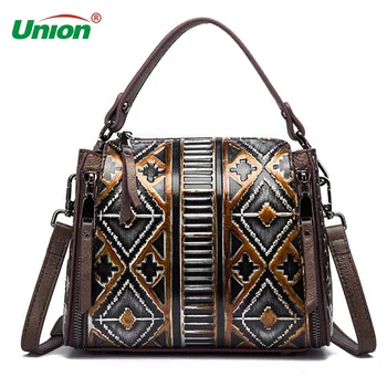 

High Quality Top Handle Genuine Leather Bags Embossed Vintage Leisure Bucket Women Messenger Shoulder Tote Cross Body Handbag