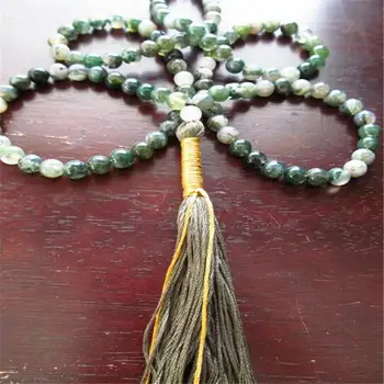 

6mm Mossy Agate Gemstone 108 Beads Tassels Mala Necklace Lucky cuff Wristband MONK natural chain Veins Handmade