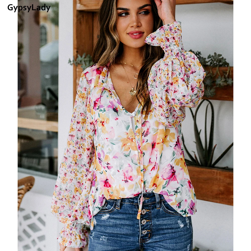 GypsyLady Floral Vintage Blouse Shirt Autumn Long Sleeve Women BlousesV-neck Button Front Lace Tie Up Girls Plus Size 2XL Tops | Женская