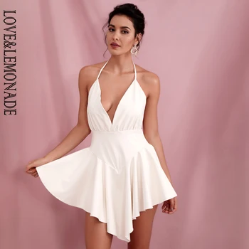 

LOVE&LEMONADE Sexy Deep V-Neck Open Back Large Ruffled Elastic PU Mini Party Dress LM81380PU