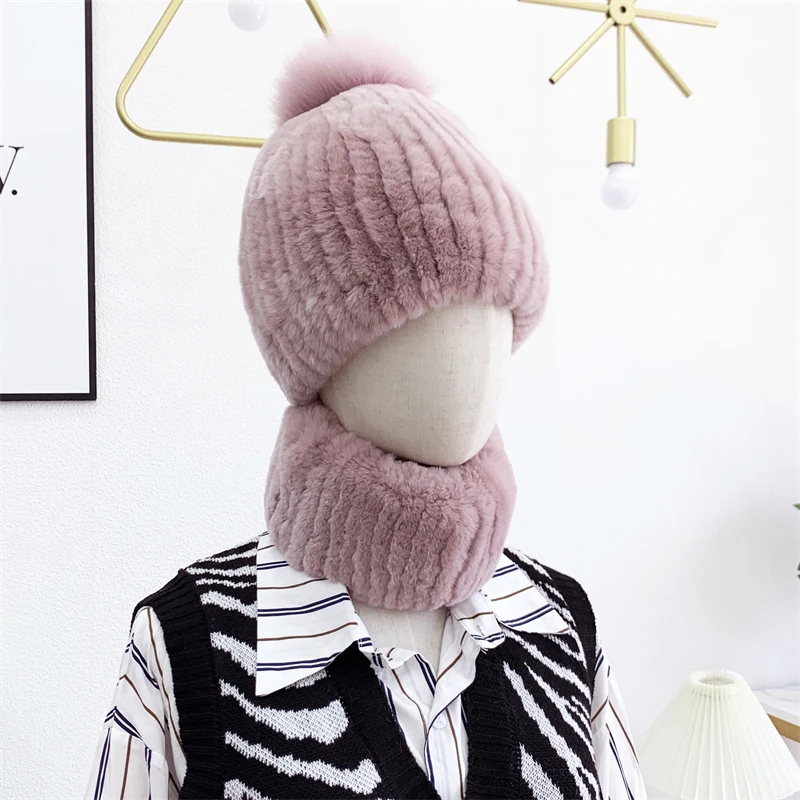 

New Real Rex Rabbit Fur Hat Women Winter Warm Handmade 100% Real Rex Rabbit Fur Caps Lady Fox Fur Ball Real Fur Beanies Cap