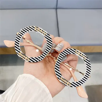 

New Round Women Galsses Clear Lens Student Fashion Metal Frame Stripe Personality Letter Optical Glasses Casual Oversized Glass