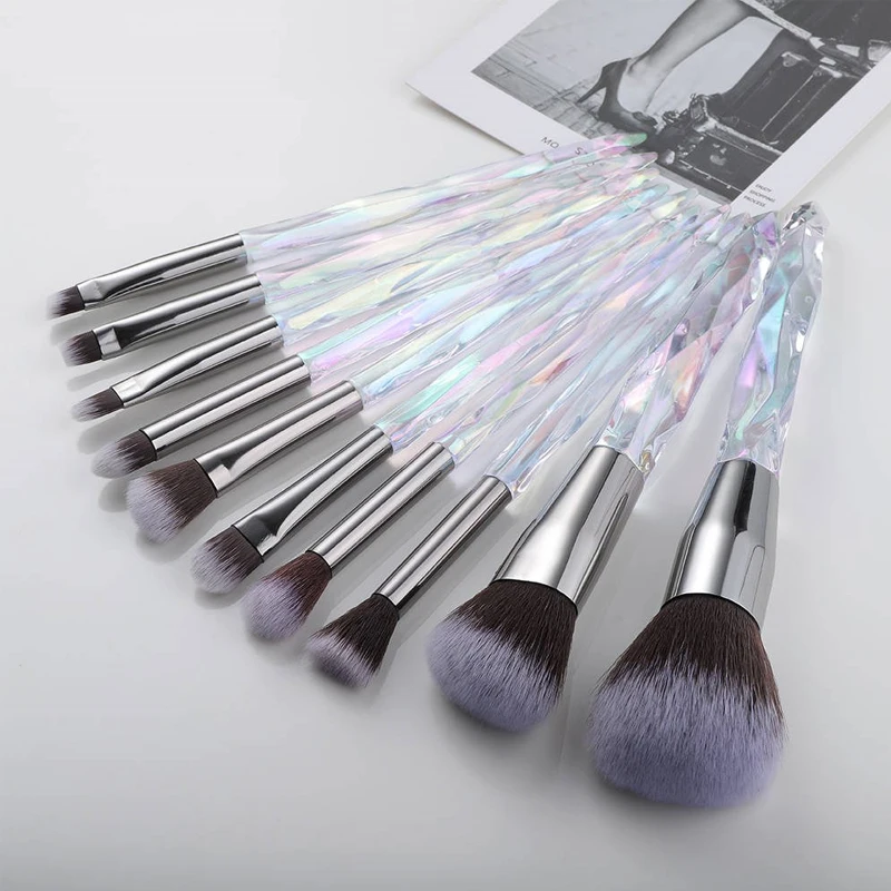 

10pcs Makeup Brush Soft Type Cosmetic Face Powder Foundation Brush Synthetic Hair Crystal Handle Woman Make up Brush Set Tools