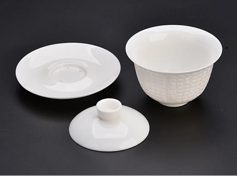 Белый фарфор, сердце, сутра, Gaiwan, натуральная керамика, винтажная чайная супница с крышкой, блюдце, набор, посуда для напитков, чайная посуда, украшение - Цвет: as picture
