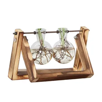 

Desktop Glass Planter Bulb Vase with Retro Solid Wooden Stand and Metal Swivel Holder for Hydroponics Plants Home Office Decor