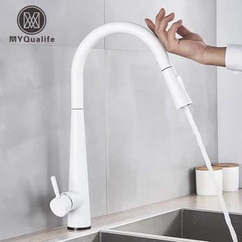 

MYQualife Pull Out Sensor White Kitchen Faucet Sensitive Touch Control Faucet Mixer For Kitchen Touch Sensor Kitchen Mixer Tap