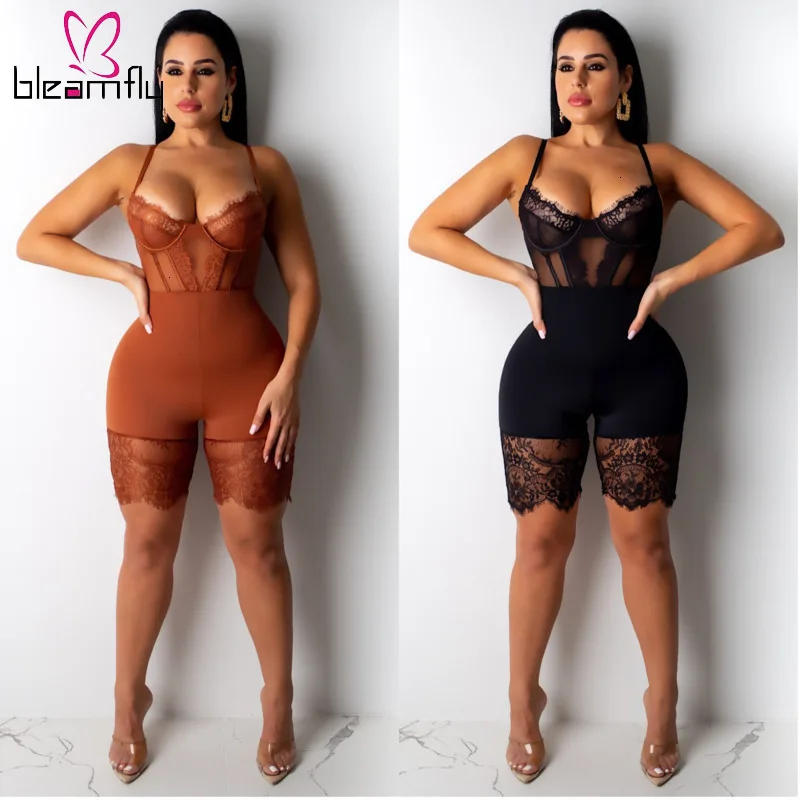 

Lace Hollow Out Tight Rompers Women Spaghetti Strap Sheer Mesh Bodycon Playsuits Sexy Party Night Club Romper One Piece Overalls
