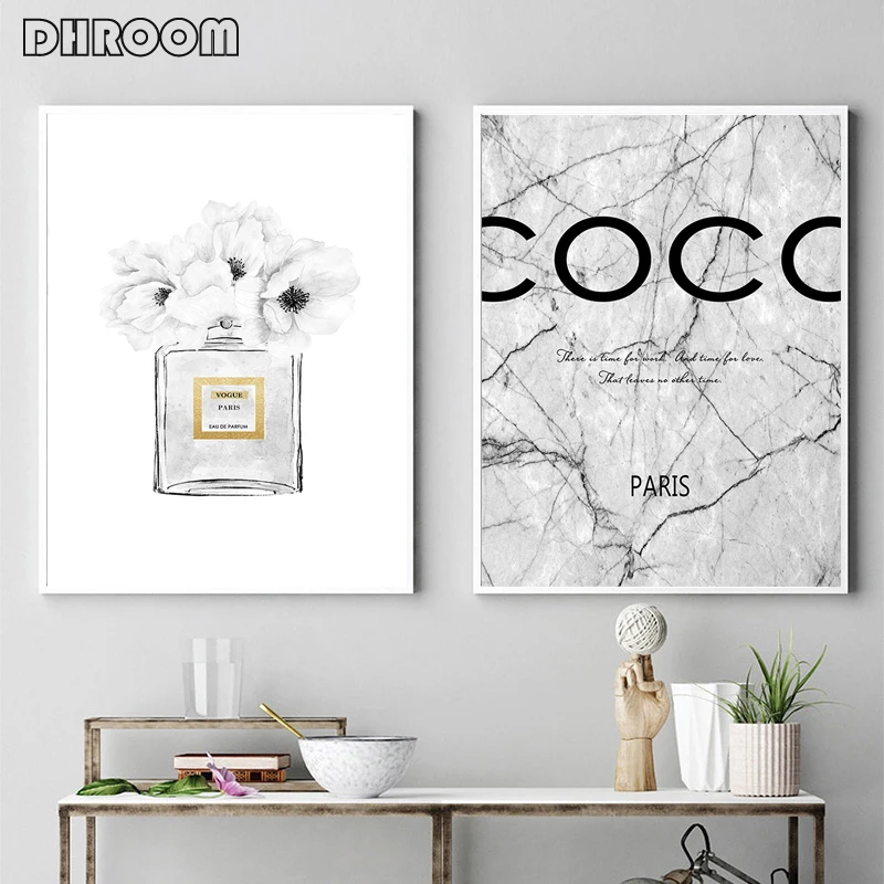 Fashion Poster Perfume Bottle Canvas Print Peony Flower Wall Painting Marbling Art Picture Vogue Posters Girl Bedroom Decor | Дом и сад