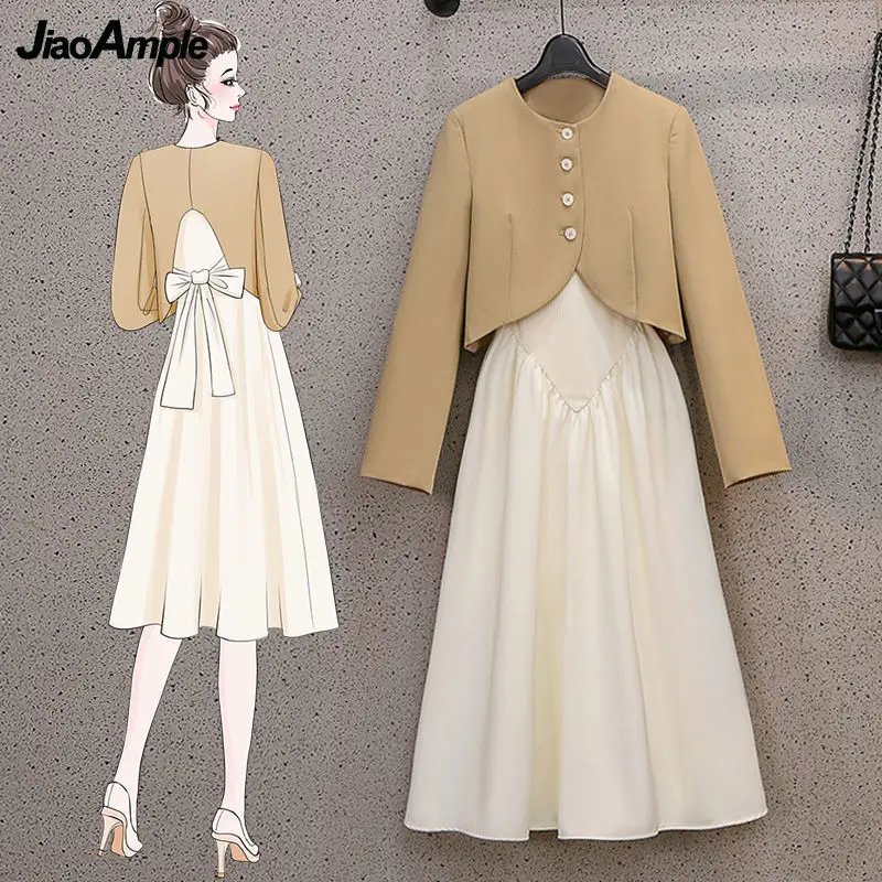 Women Dress Set 2021 Spring Autumn New Bow-knot Blouse Coat Dress 2 Piece Korean Fashion Elegant Top Suspender Midi Skirt Suit