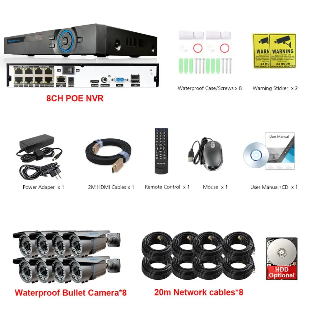 Toprohomie H.265+ 8CH NVR Системы 5MP POE NVR kit 4MP IP66 Водонепроницаемый 2,8 мм-12 мм с переменным фокусным расстоянием POE IP Камера 8CH комплект видеонаблюдения 4T - Цвет: 8 Camera with Cables