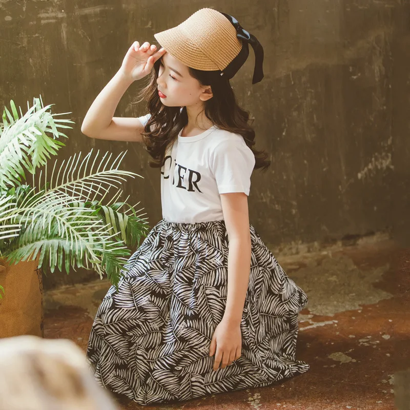 

Girl'S Summer New Style Dress 2019 Korean-style Girls Lettered T-shirt Dress Big Boy Leaf Beach Princess Skirt