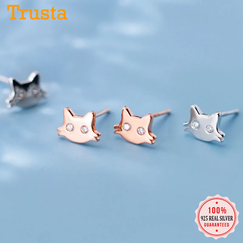 

Trusta Genuine 925 Sterling Silver Cute Smooth Kitten Dazzling CZ Stud Earrings For Women Daughter Girls Wedding Jewelry DS1935