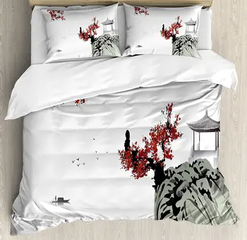 

Asian Duvet Cover Set Asian River Scenery with Cherry Blossoms Boat Cultural Hints Mystical View Artsy Bedding Set