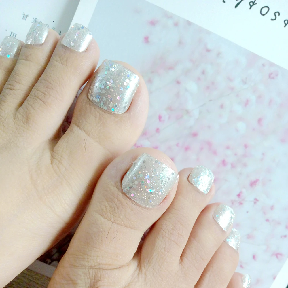

24Pcs Holographic Sequins Artificial False Toe Nails Lady Plastic Fake Toenail With Design Full Cover Tips Manicure Tools