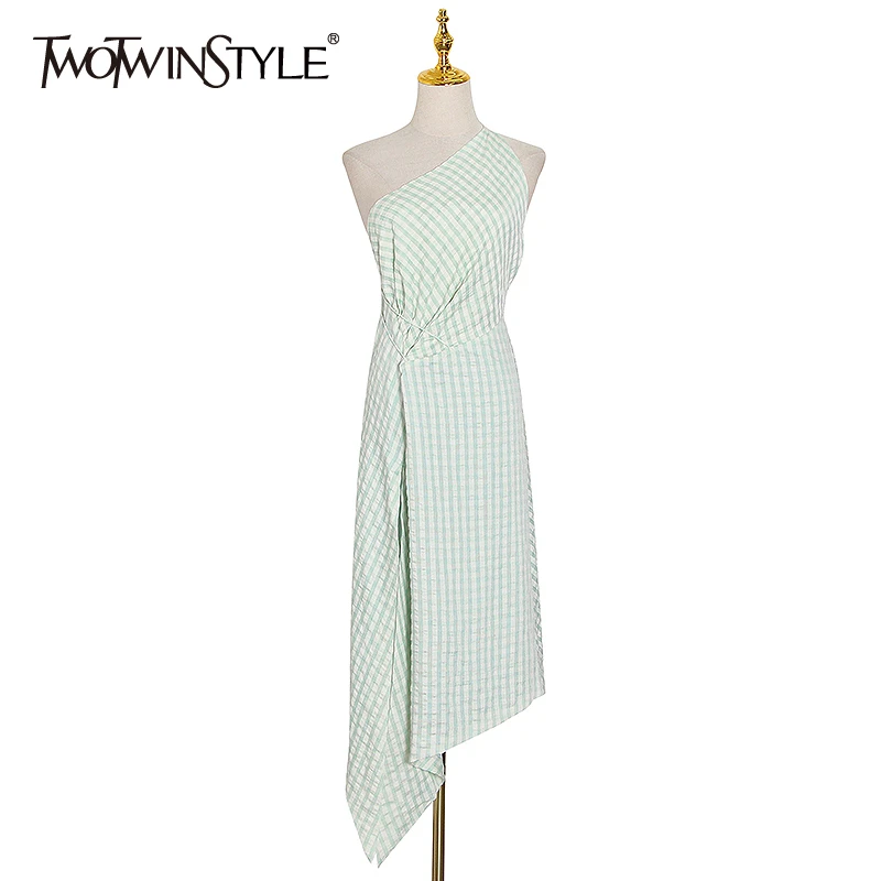 TWOTWINSTYLE Elegant Asymmteircal Dresses Female Skew Neck Sleeveless Backless High Waist Lace Up Irregular Hem Dress Women Tide TWOTWINSTYLE Elegant Asymmteircal Dresses Female Skew Neck Sleeveless Backless High Waist Lace Up Irregular Hem Dress Women Tide