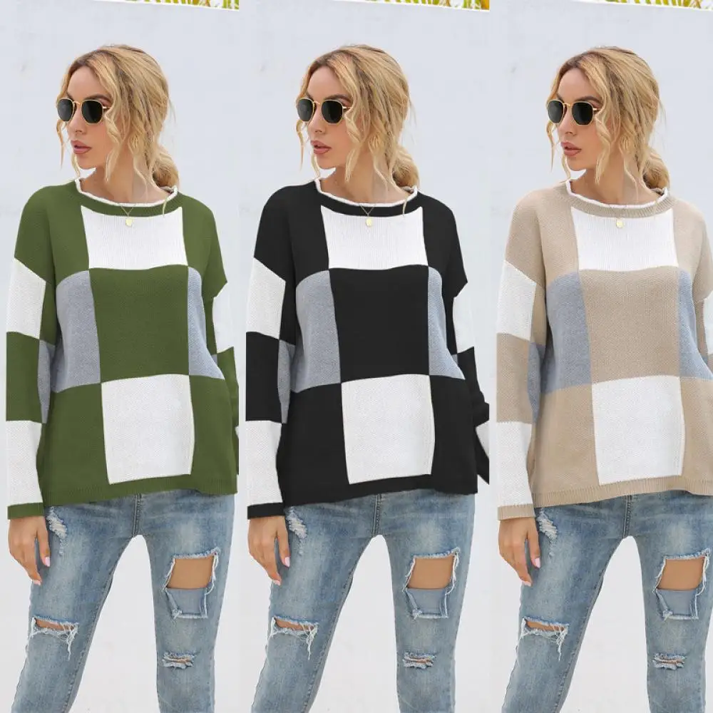 

Lattice Knitted Sweater Loose Long Sleeve Winter Pullover Casual Crew Neck Women's Knitted Style Sweater Fashion Street 2020
