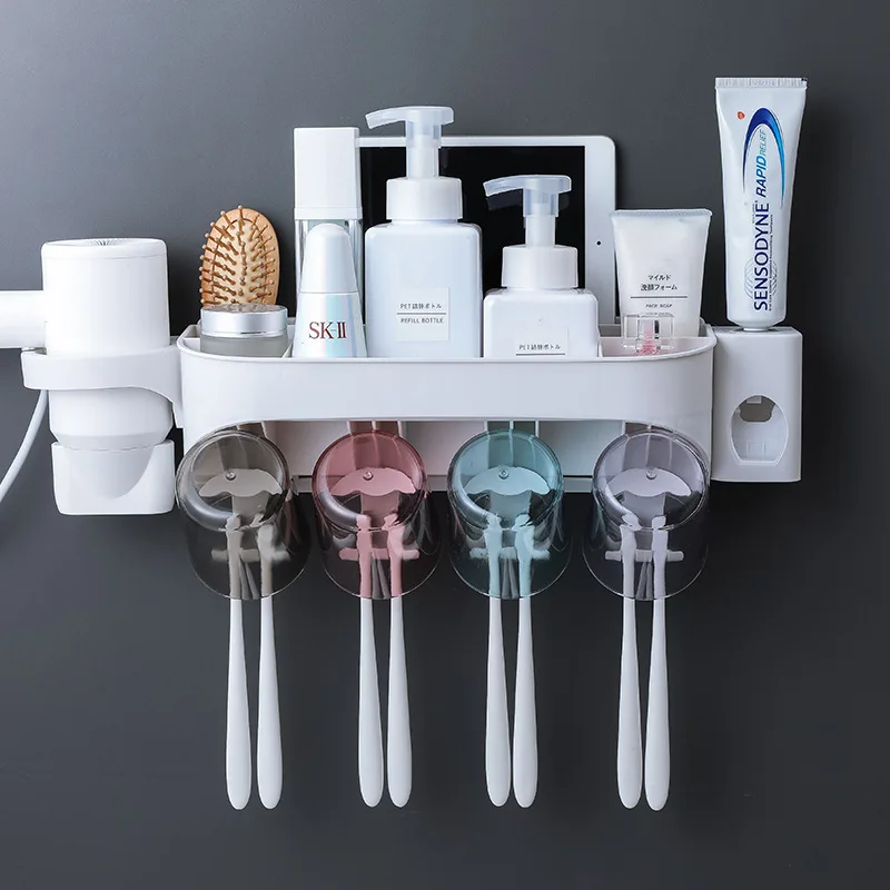 

Bamboo Fiber Non-marking 2/3/4 Toothbrush Holder Bathroom Hair Dryer Multi-function Shelf With Wash Cup, Non-marking Shelf 2020