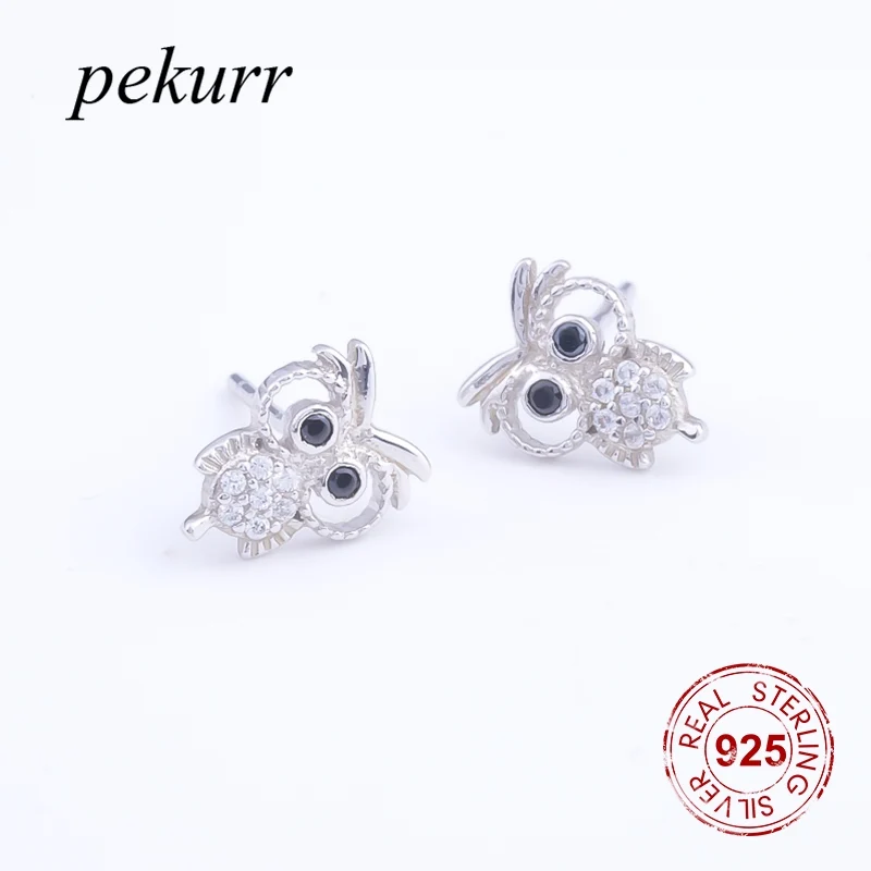 Pekurr Мультфильм большая голова черный глаз Богемия стерлингового серебра 925 запонка в форме совы серьги для женщин аксессуары птица модные ювелирные изделия