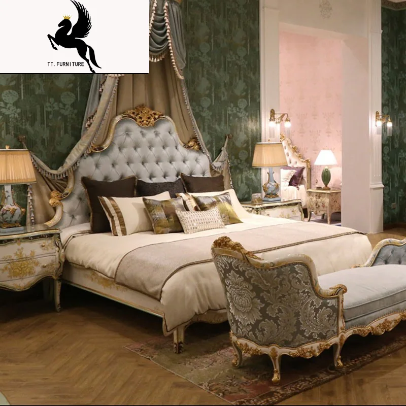 

2 people Fashion European French Carved French palace style gold leaf cloth art painted bedroom King size bed xjj002