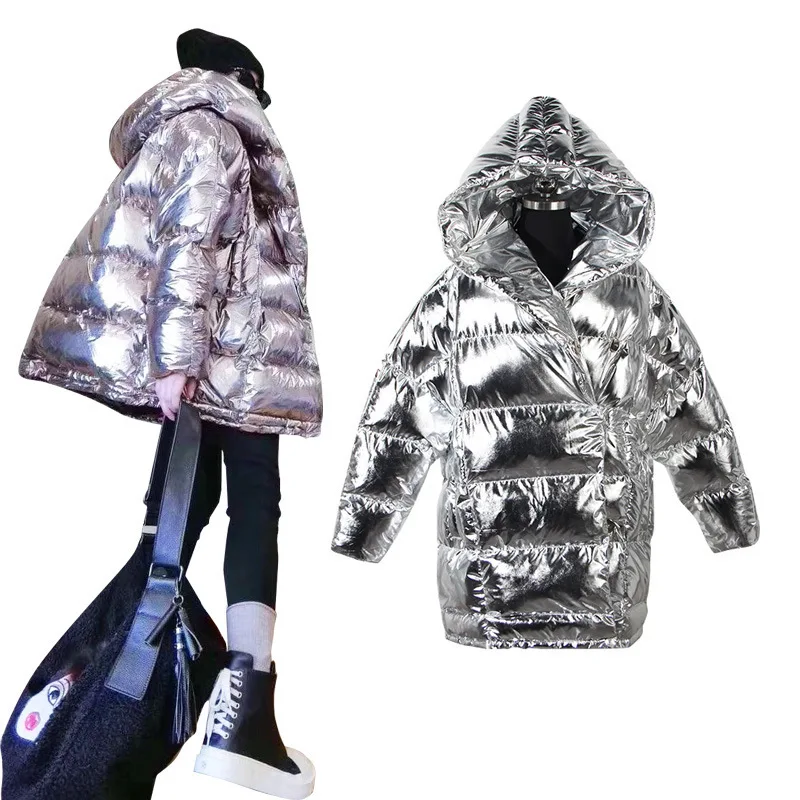 Повседневное пальто, женские зимние пуховики, парки с капюшоном, плотное черное/серебряное пальто, женское, модная, отражающая светильник куртка 735