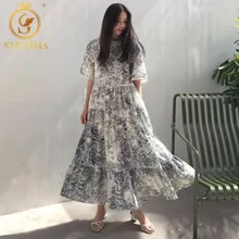 Летнее легкое платье свободного покроя, повседневное платье по щиколотку в корейском стиле, с чернильным принтом, круглым вырезом, коротким рукавом, украшенным вышивкой, и оборками по подолу