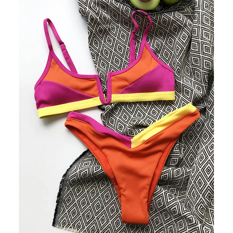 Bikini acanalado Push-Up para mujer, traje de baño Sexy de conjunto de Bikini de corte alto Tanga, 2021