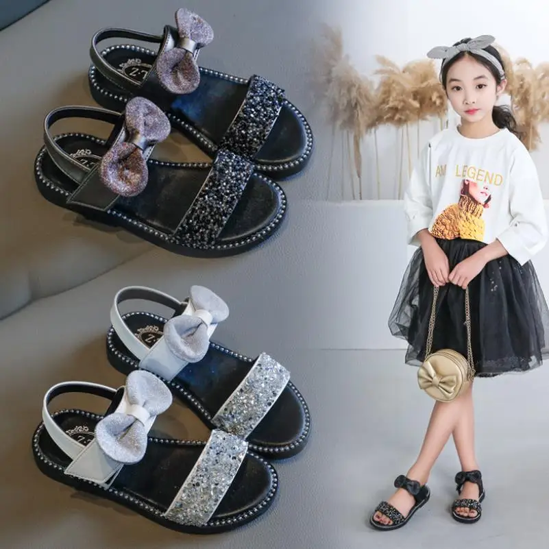 

Summer New Girl Rhineston Sandals Kids Child Fashion Bow Patent Leather Princess Sandals Party Shoe For Girls Big shoes