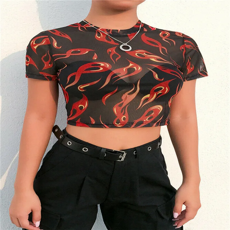 

2020 Summer Women Sheer Mesh T shirts Fish Net Short Sleeve Bodycon See through Crop Top T-Shirts Female Fashion Printed T shirt
