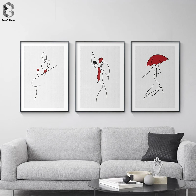 

Paris Modern Lady Preference Red Minimalism Line Art Print Canvas Painting Wall Picture Poster for Kitchen Girls Room Decor