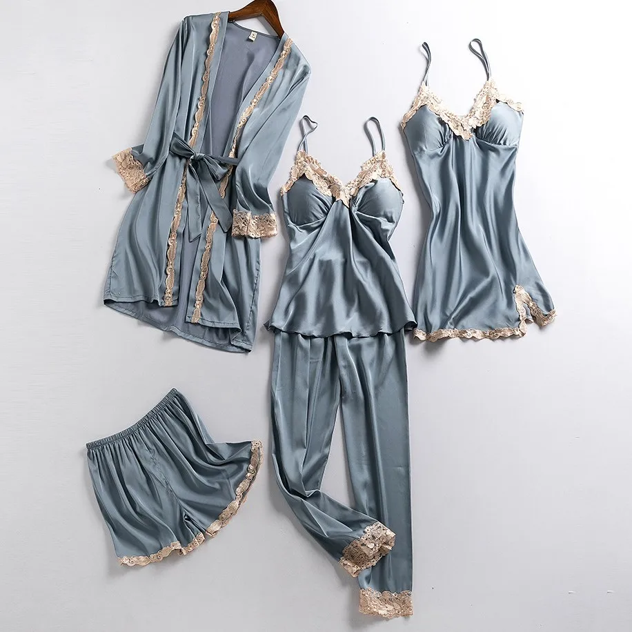 

Satin Lace Pajamas Suit With Trousers 5PCS PJS Set Women Outfits V-Neck Sleepwear Sexy Casual Kimono Robe Gown Suit Loungewear