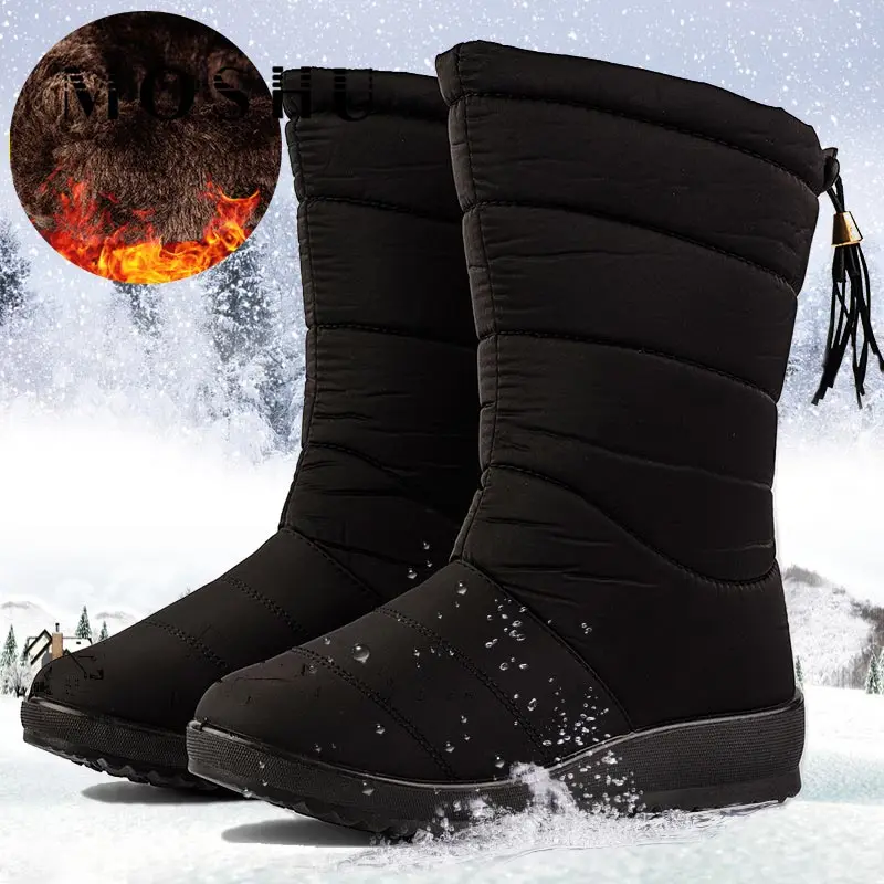 Зимние сапоги; женские сапоги до середины икры; Женская водонепроницаемая зимняя обувь; обувь на танкетке для девочек; женская обувь с плюшевой стелькой; Botas Mujer - Цвет: black