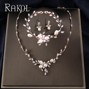 

RAKOL Romantic Plant Set Necklace Earring Bracelet for Women Wedding Party Banquet Geometric Dress Pearl Jewelry RSP3165T