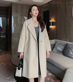 

2019 Korean Style Wool Blend Women Winter Long Coat Office Ladies Coat Long Woolen Jacket White Blazer Overcoat Yellow Outerwear